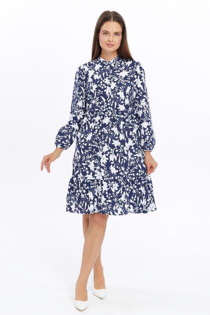 Apsen Women's Patterned Half Placket Wide Fit Cotton Woven Dress 4494-110