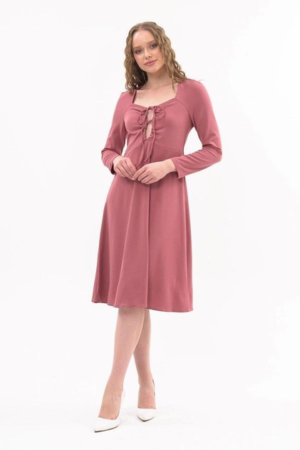 Apsen Women's Rosebud Chest Tie Detailed Long Sleeve Seasonal Midi Length Dress 4421-110
