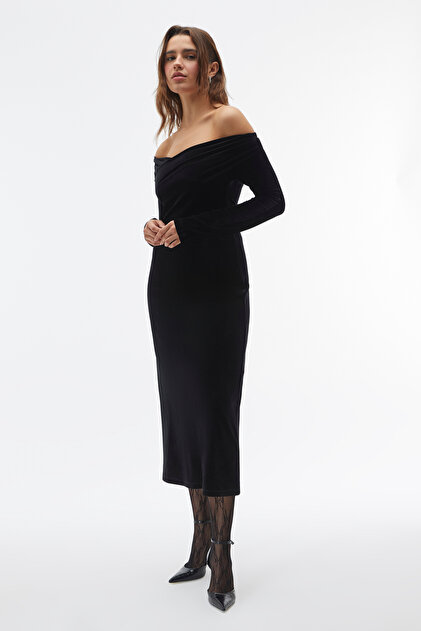 Velvet Look Double Breasted Collar Midi Dress