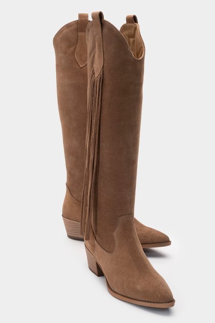 Ri̇os Soil Genuine Leather Suede Tasseled Women's Thick Heeled Boots