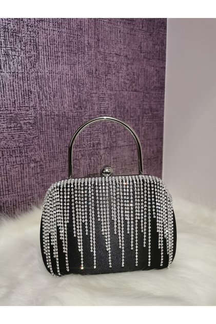 KADIN LÜKS TAŞLI SATEN SİYAH ABİYE CLUTCH PORTFÖY ABİYE GECE DÜĞÜN ÇANTASI