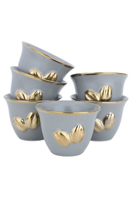 A set of light gray Arabic coffee cups with a gold rim, 12 pieces