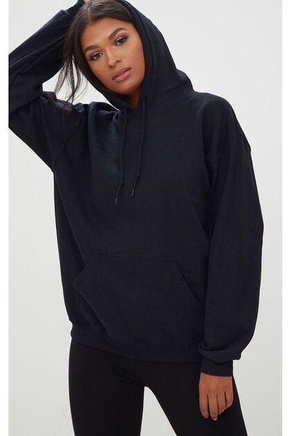 Women's Navy Blue Raised Hooded Kangaroo Pocket Sweatshirt
