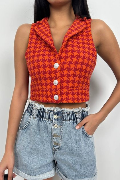 Orange Houndstooth Patterned Button Detailed Shirt Collar Crop Vest 23s12002