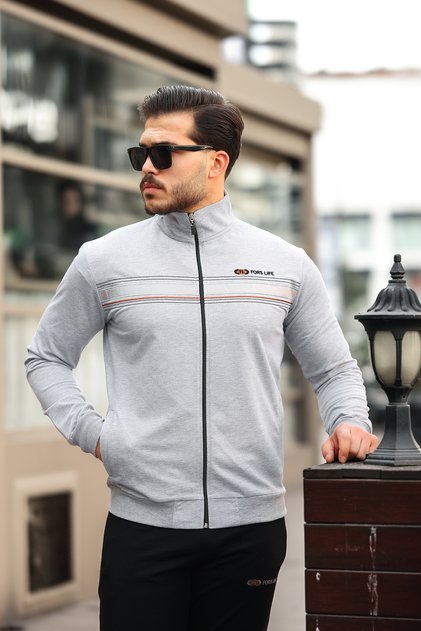 Men's Stylish Tracksuit Set with Embroidery Detail on the Chest, Gray