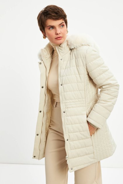Beige Quilted Hooded Coat