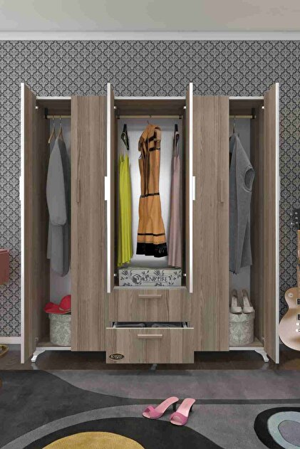 Kenzlife Gardırop 6 Kapaklı Kapılı 2 Çekmeceli Glayör 168*150*42