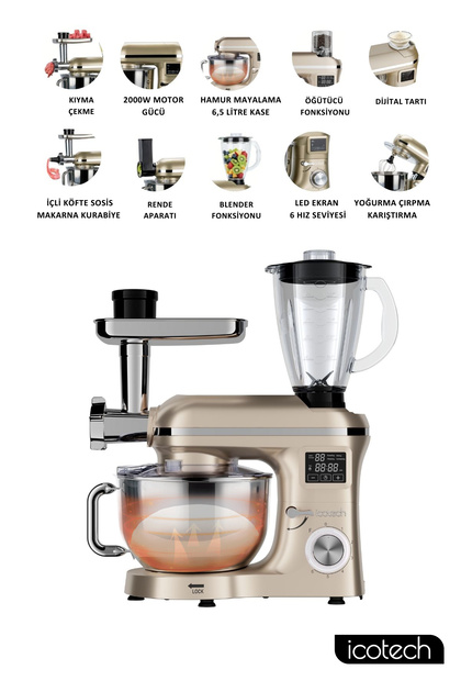 Sm50 Gold 2000w 6,5 Lt Ekranlı Hamur Mayalama Kıyma Çekme Blender Stand Mikser Mutfak Şefi