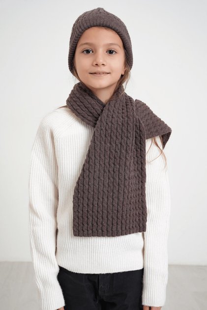 Children's Hair Knitted Soft Knitwear Scarf Beanie Set 7-9 & 10-12 Years Old Dark Brown Chkıds103