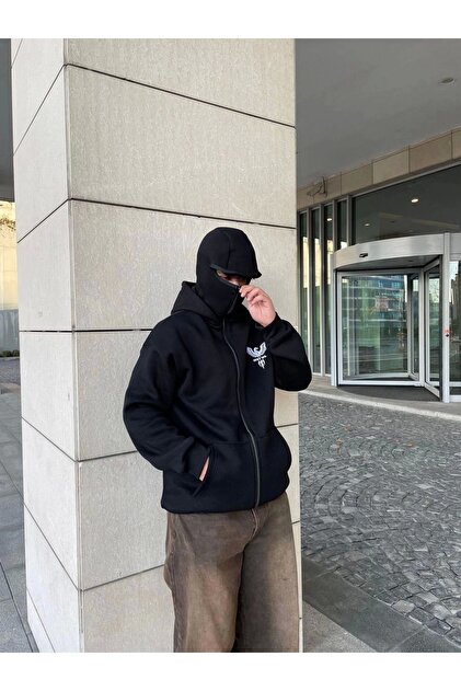 Violon Siyah Unisex Kar Maskeli Samuray Kapüşonlu Baskılı Oversize