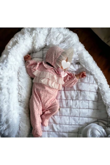 Newborn Baby Girl Cotton Jumpsuit Hospital Release Lora Hat Tulle Detailed Jumpsuit with Booties Baby Set