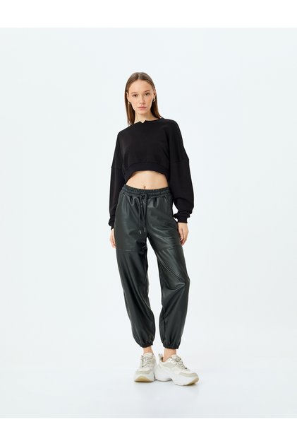 Faux Leather Lace-Up Jogger Sweatpants with High Waist Pockets