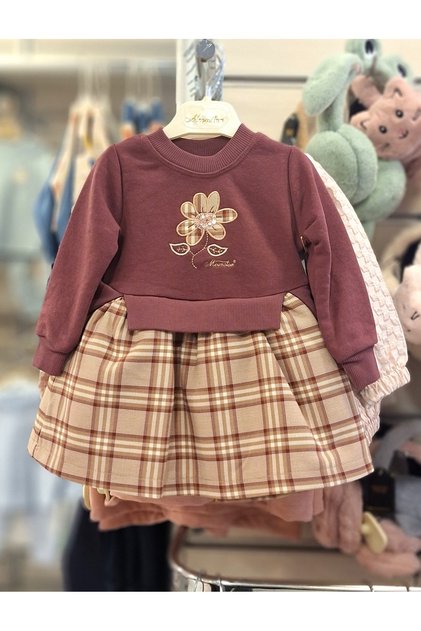 Combed Cotton Dress with Checked Hem