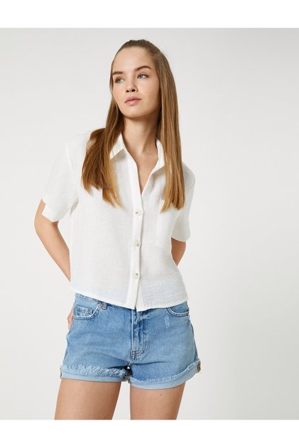 Crop Shirt Short Sleeve Buttoned with Pocket Detail
