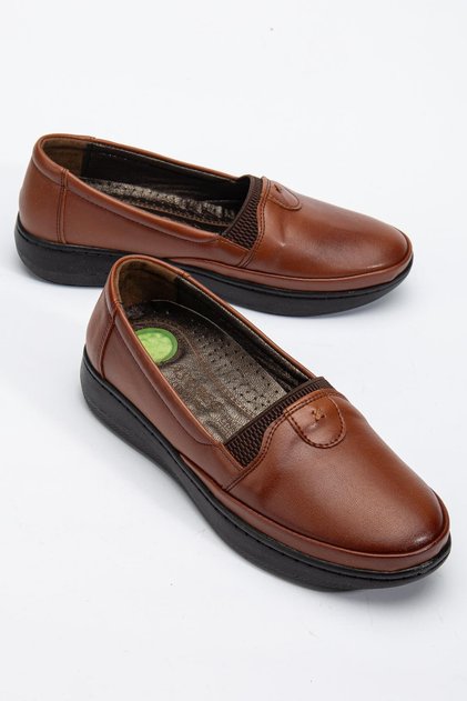 Large Size Genuine Leather Women's Daily Orthopedic Shoes Tan Flat Model