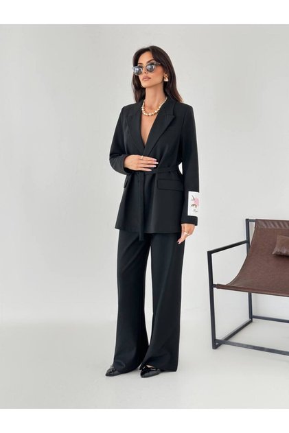 Women's Sleeve Embroidery Detail Pants Belted Jacket Set Navy Blue