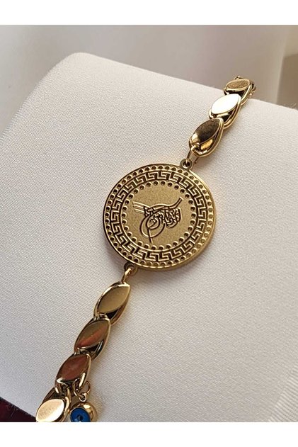 Gold Tuğra Model - Barley Steel Bracelet with Stainless Chain and Evil Eye Beads