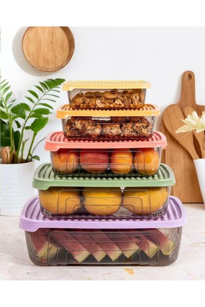 Herevin Beşli Dikdörtgen Gıda Erzak Saklama Kabı Seti - Renkli