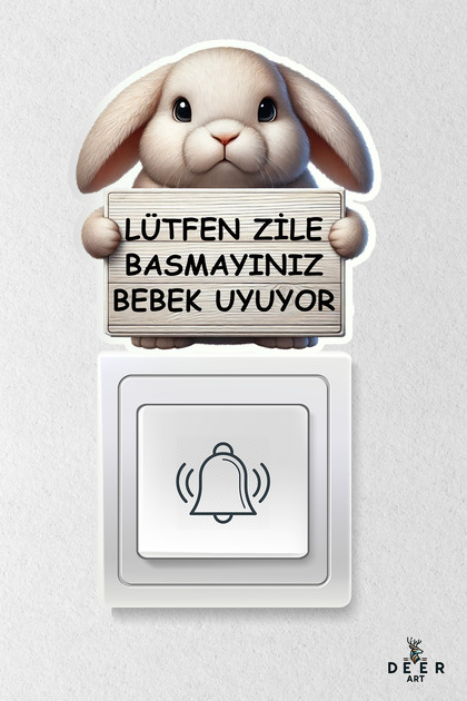 Lütfen Zile Basmayınız - Bebek Uyuyor Kapı Zili Priz Etiket - Sevimli Tavşan Sticker