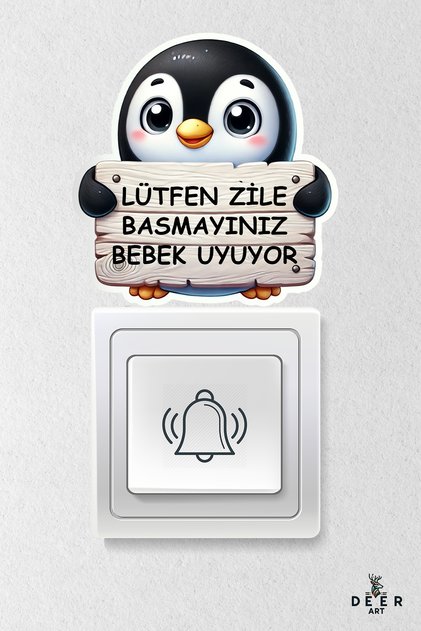 Lütfen Zile Basmayınız - Bebek Uyuyor Kapı Zili Priz Etiket - Sevimli Penguen Sticker