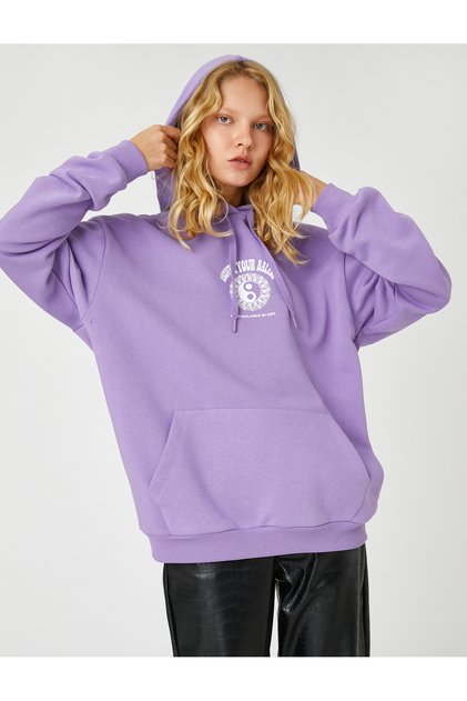 Şardonlu Oversize Sweatshirt Kapüşonlu Baskılı