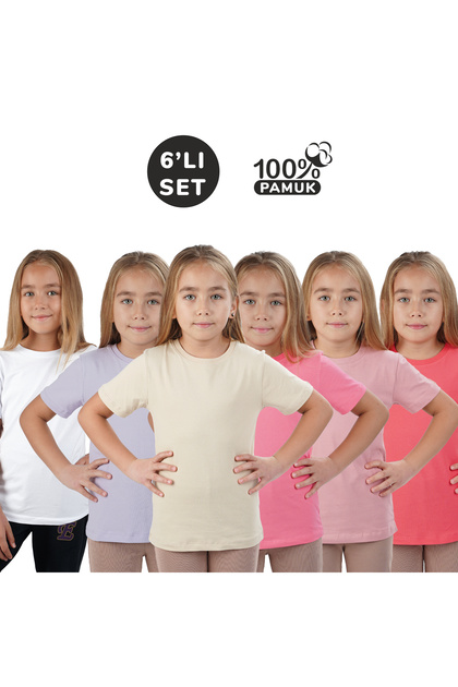 Set of 6 Short-Sleeved Crew Neck Seasonal Cotton T-Shirts Badi (White Beige Lilac Powder Pomegranate Pink)