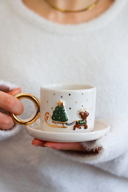 Deer Patterned Gold Detailed 100 ml Turkish Coffee Cup and Saucer