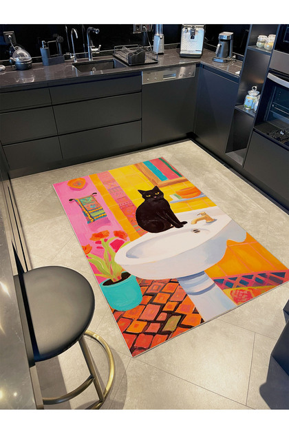 Schwan Collection Multicolored Kitten in the Bathroom Patterned Woven Base Modern Decorative Carpet 11