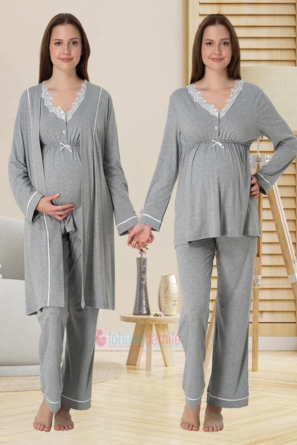 Gray Lace Detailed Maternity Pajamas Set with Dressing Gown Effortt 3054