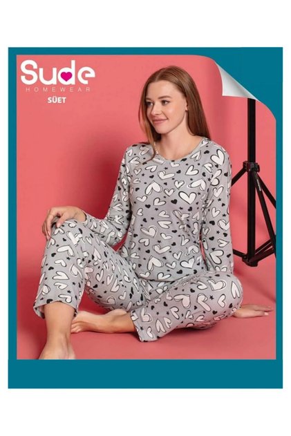 Genç Süet Uzun Kollu Kalp Desenli Pijama Takımı