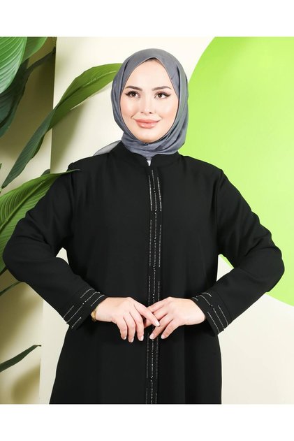 Siyah Taş Işlemeli Fermuarlı Büyük Beden Kadın Ferace - Meryem Ferace