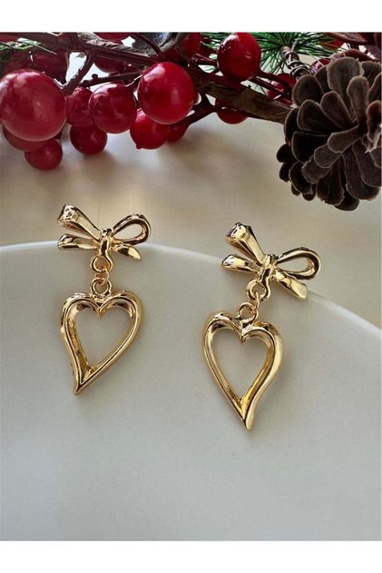 Gold Bow and Heart Earrings