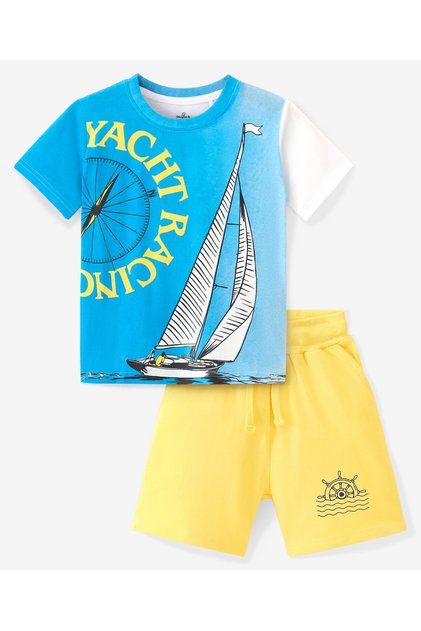 Ollington St. 100% Cotton Knit Half Sleeves T-Shirt & Shorts Set Text Printed - Blue & Yellow