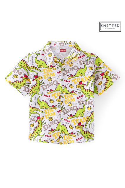 Babyhug Cotton Knit Half Sleeves Regular Collar Shirt Dino Printed - White & Green