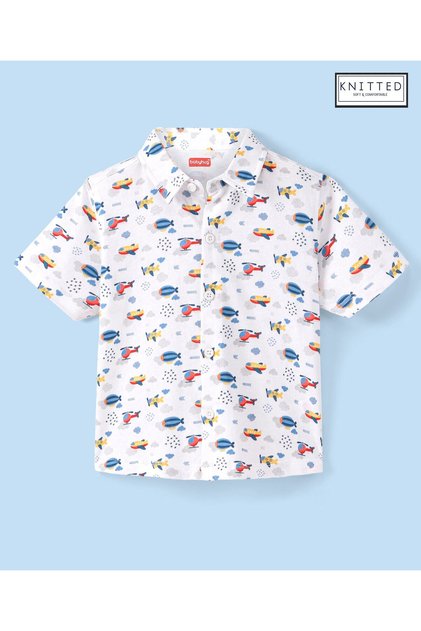 Babyhug 100% Cotton Knit Half Sleeve Shirt With Aircraft Print - White