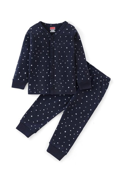 Babyhug Front Open Full Sleeve Vest & Leggings Thermal Wear Star Printed Combo Set - Navy Blue