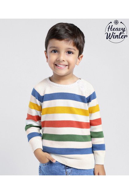 Babyoye 100% Cotton Knit Colour Blocked Full Sleeves Pullover Sweater - White Blue & Yellow