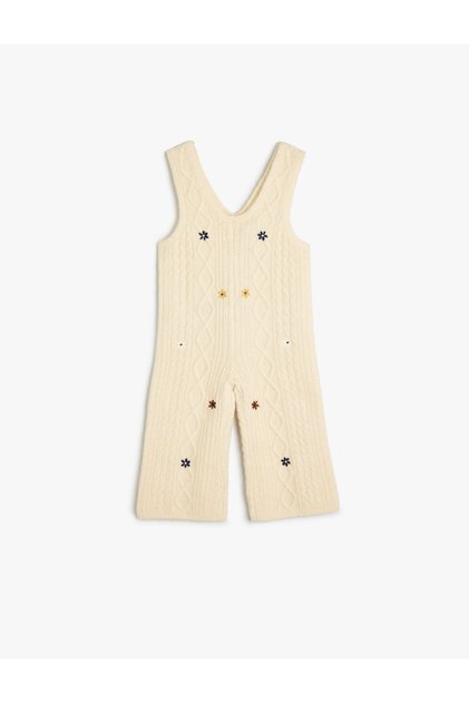 Knitwear Jumpsuit with Knitted Pattern and Floral Embroidery V-Neck