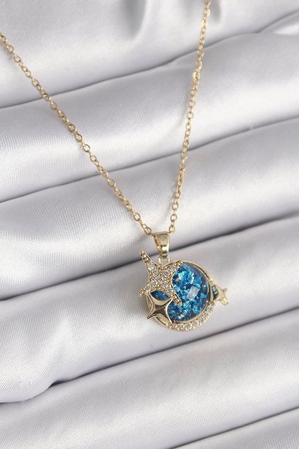 316L Steel Gold Color Chain Zircon Stone Detailed Blue Glitter Planet Model Star Detail Women's Necklace