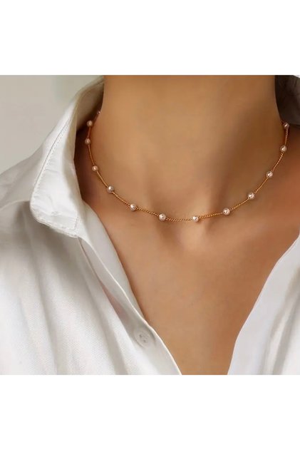Gold Color Stainless Steel Clavicle Pearl Chain Necklace – Elegant and Stylish Design