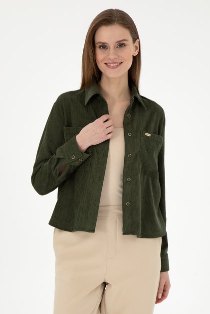 Women's Khaki Long Sleeve Velvet Look Shirt 50297013-Vr027