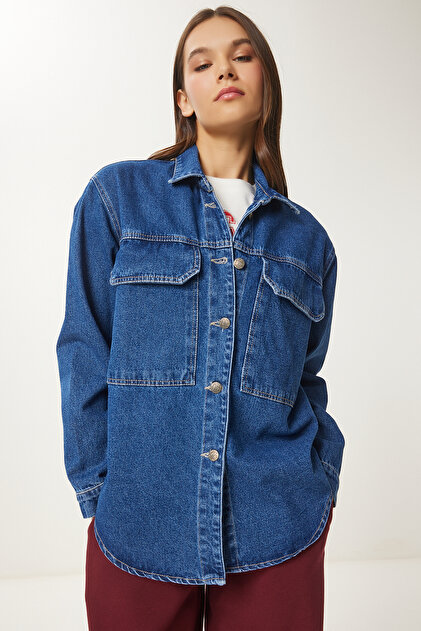 Happiness İstanbul Kadın Koyu Mavi Geniş Cepli Oversize Denim