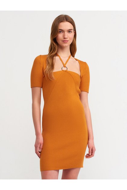 90130 Metal Lace Front Knitwear Dress-Y.Orange