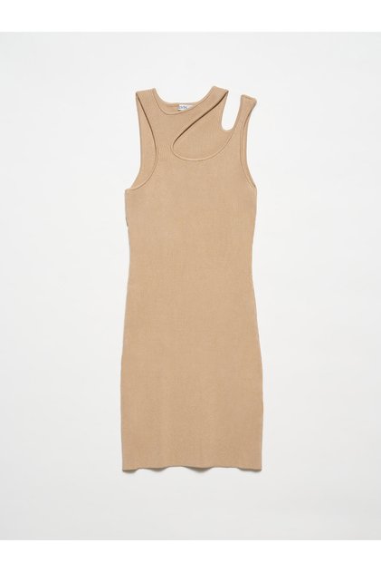 90142 Crew Neck Knitwear Dress with Low-cut Left Shoulder-Beige
