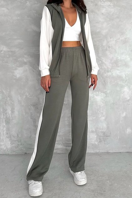 Women's Ribbed Zippered Bottom Top Modal Set - Khaki White