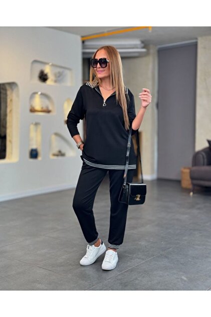 Women's Long-Sleeve Rib Knit and Zipper Detail Blouse and High-Waist Pants 2-Piece Set