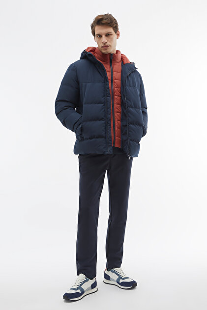 Men's Navy Blue Double Zipper Hooded Puffer Jacket