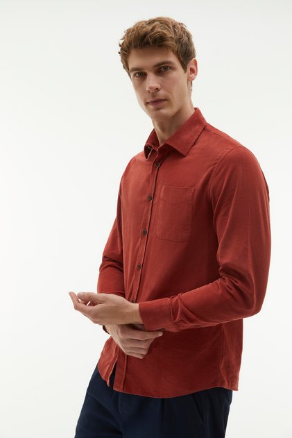 Men's Orange Regular Fit Velvet Long Sleeve Shirt