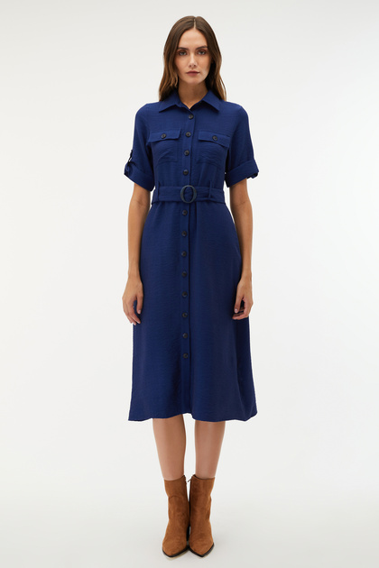 Button Midi Dress with Belt Detail