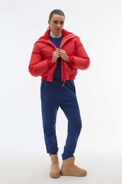 Women's Red Fur Collared Crop Puffer Coat